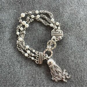 Brighton Charleston Tassel Pearl Toggle Bracelet Silver Tone